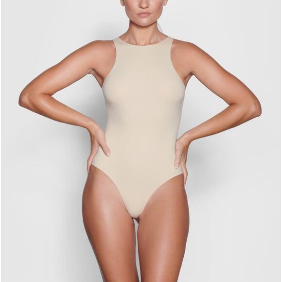 Skims Fits Everybody High Neck Bodysuit in Sand - Picture 1 of 7